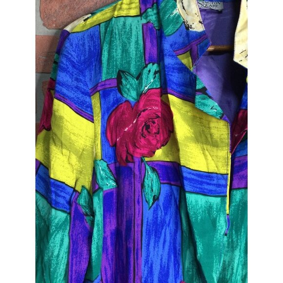 Vintage 80s Womens Blazer Vibrant Colorful Busy Print Shoulder Pads Size Large - Picture 2 of 10